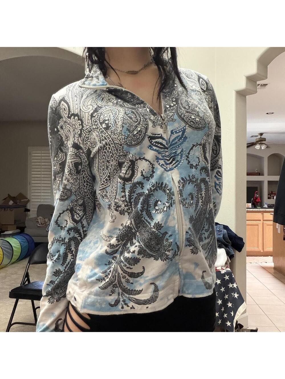 Super Cute Y2K Grunge Blue & Gray Bedazzled Zip-Up!